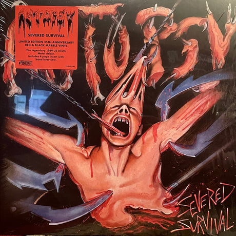 Vinyl album cover with a graphic design of a person being stabbed, featuring the text 'Severed Survival'.