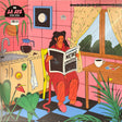 Illustration of a person reading a newspaper in a colorful room with plants and furniture.