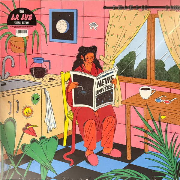 Illustration of a person reading a newspaper in a colorful room with plants and furniture.