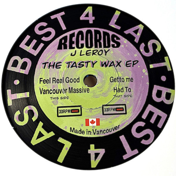 Vinyl record label with text and branding