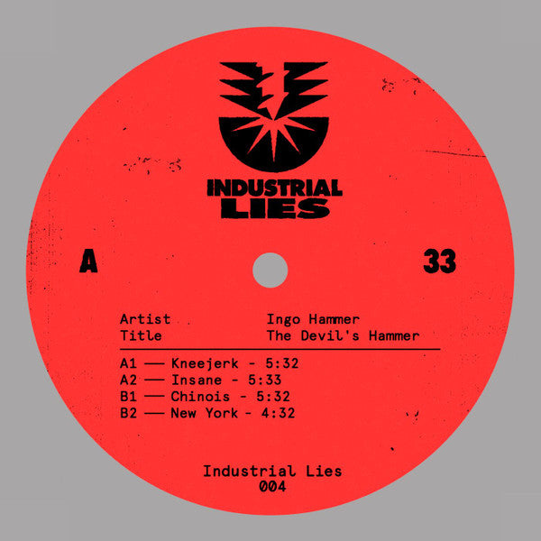 Red record label with 'Industrial Lies' branding and tracklist on a gray background