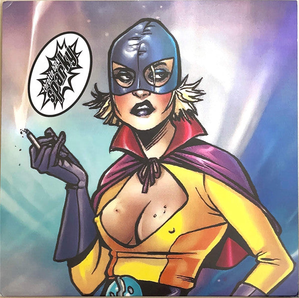 Cartoon character with a colorful outfit and mask, holding a cigarette, with a brand logo in the corner.