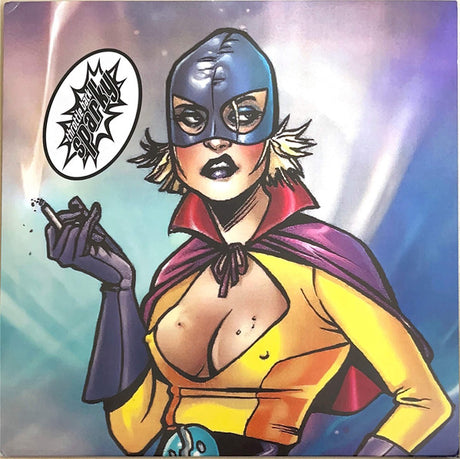 Cartoon character with a colorful outfit and mask, holding a cigarette, with a brand logo in the corner.