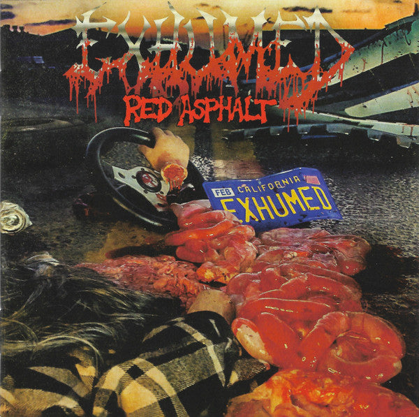 Album cover for 'Red Asphalt' by Exhumed with a person lying on the ground and text overlay.