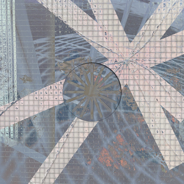 Abstract geometric design with intersecting lines and a central circle on a textured surface.