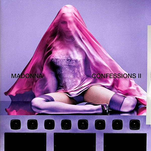 Album cover art for Madonna's 'Confessions II' featuring a seated woman draped in pink fabric against a lavender background, with the album title and artist name printed in black text.