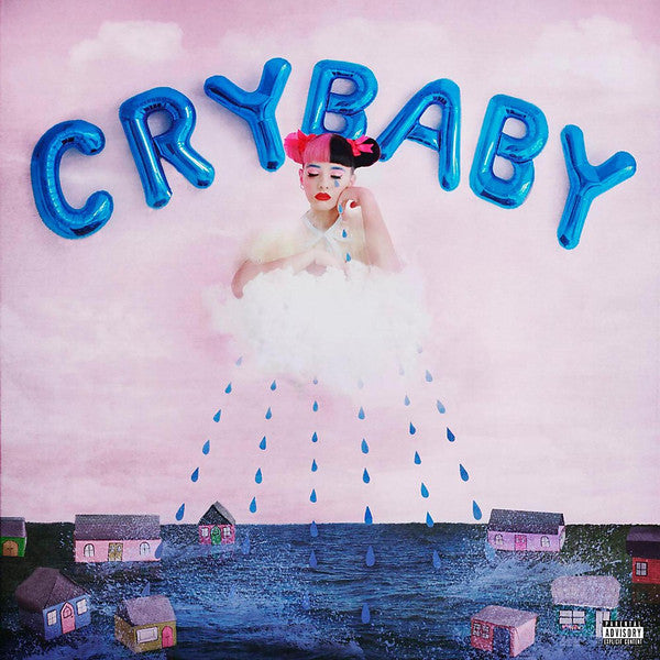 Album cover for Melanie Martinez's Cry Baby 2LP featuring a stylized image with the artist in the background and the text 'CRYBABY' in blue letters at the top.