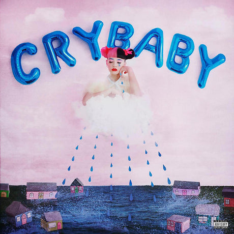 Album cover for Melanie Martinez's Cry Baby 2LP featuring a stylized image with the artist in the background and the text 'CRYBABY' in blue letters at the top.