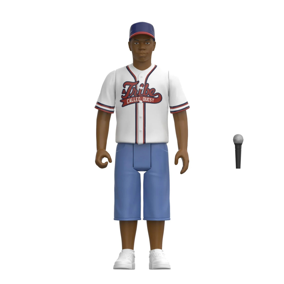 A stylized 3D-rendered baseball player figure wearing a white jersey with red and navy trim and script lettering, blue shorts, a blue cap with red trim, and white sneakers. A separate microphone accessory appears to the right on a plain white background.