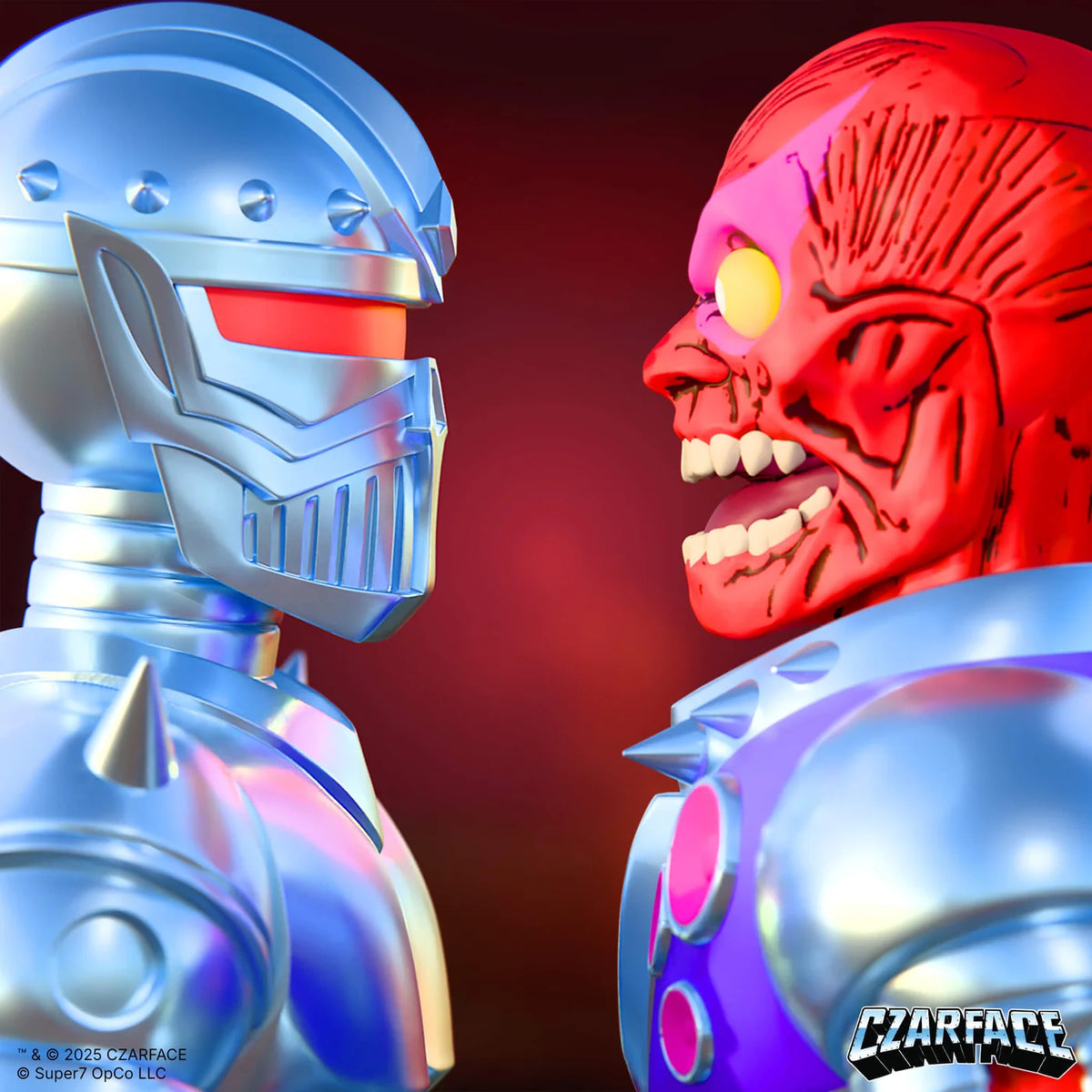 Two robot-like figures facing each other with a red background