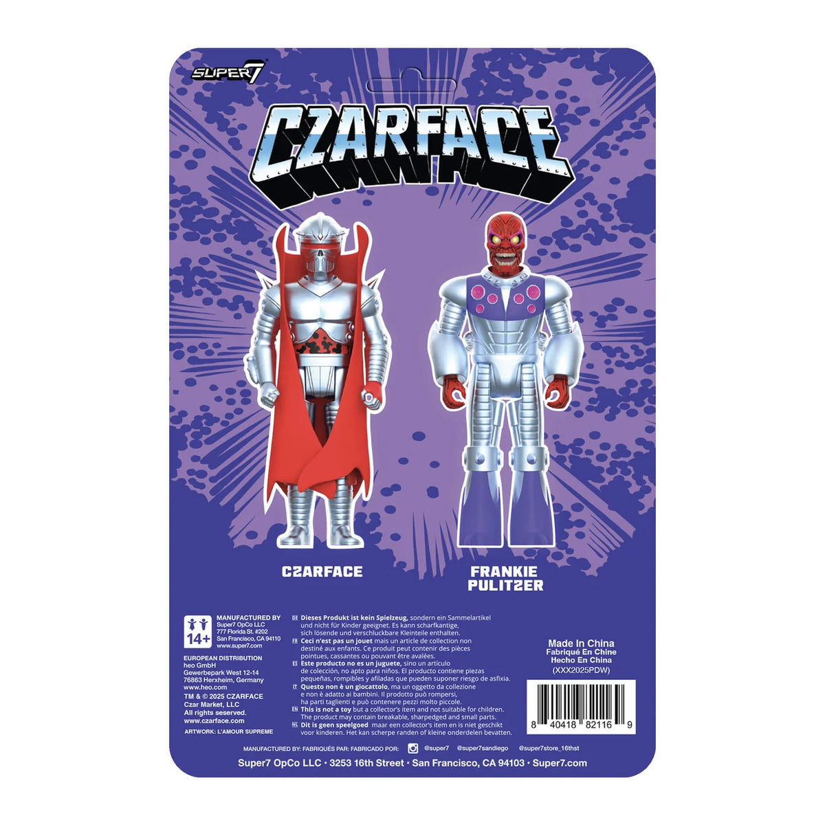 Action figure packaging with 'Czarface' and 'Frankie Pulitzer' on a purple background
