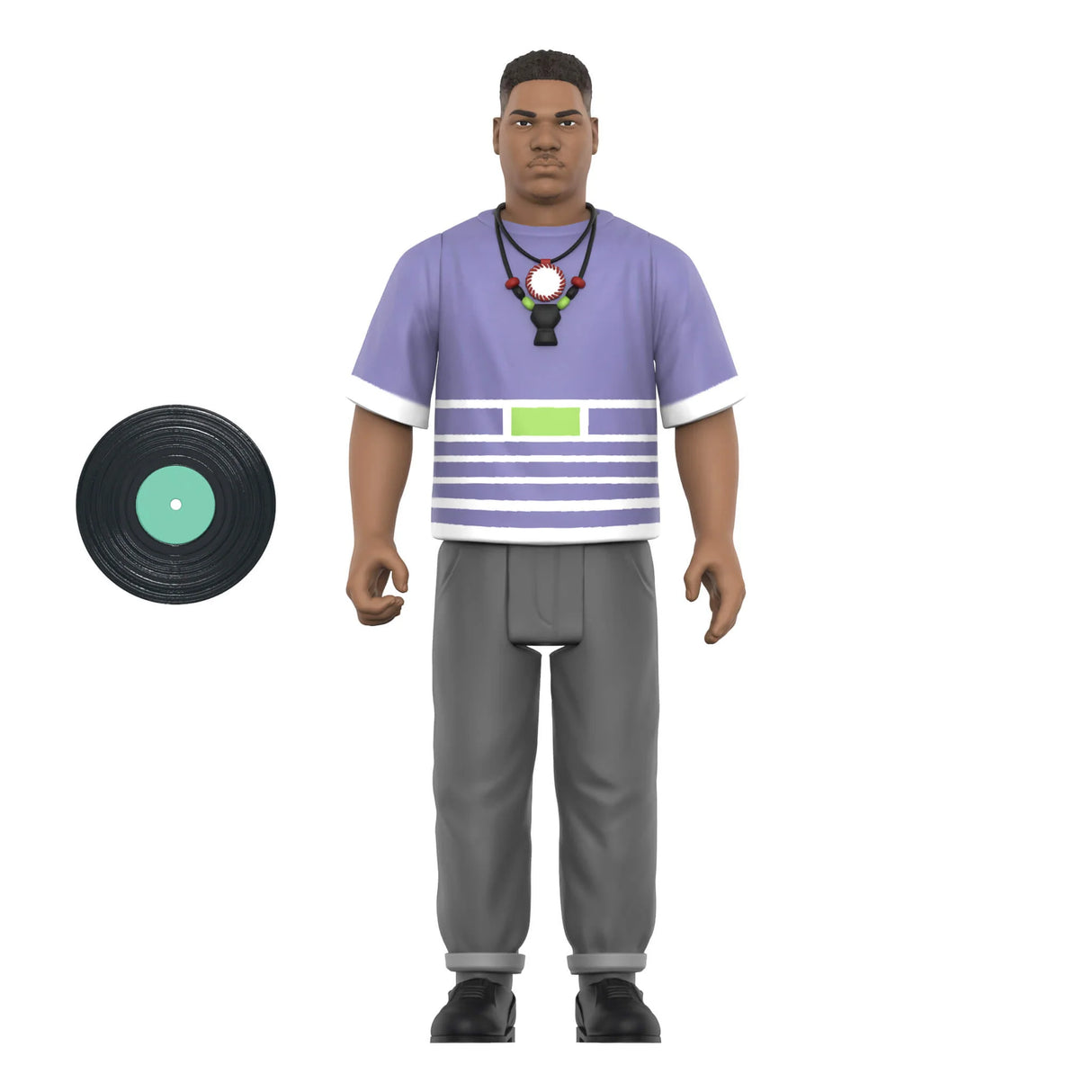Action figure of a person wearing a purple shirt with a striped design and gray pants, next to a vinyl record on a white background.