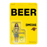 A Dimebag Brady action figure in its original yellow cardback packaging, featuring a green guitar and 'BEER' themed apparel.