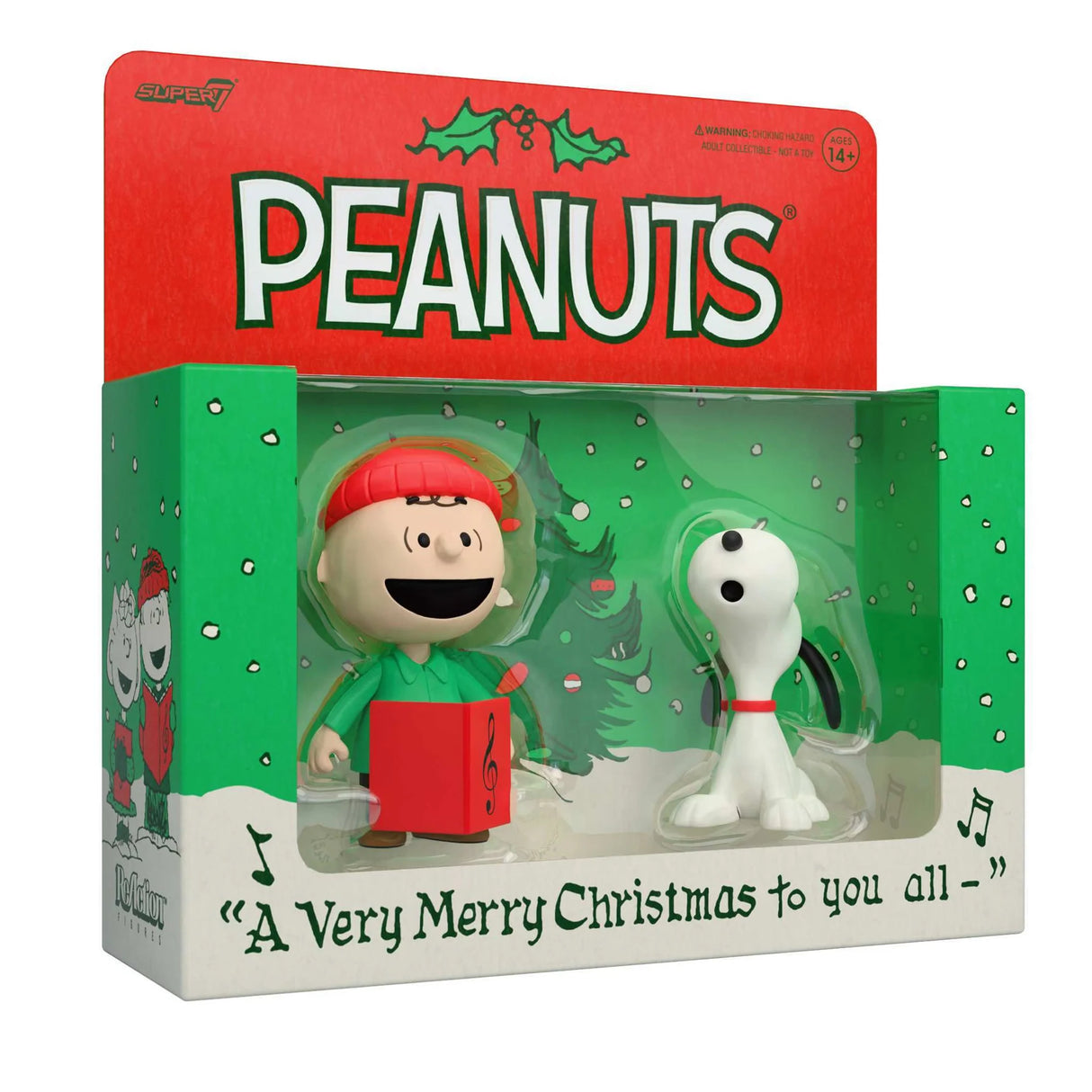 Peanuts Christmas-themed packaging with two figures inside