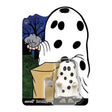 Ghost figurine with black polka dots in a clear holder against a white background