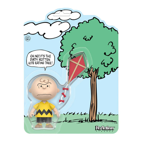 Action figure packaging with a character and tree, featuring a kite and speech bubble.