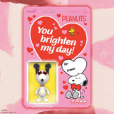 Peanuts-themed product packaging with a heart and character illustration on a pink background