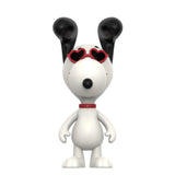 Cartoon dog figure with black ears and heart-shaped sunglasses on a white background