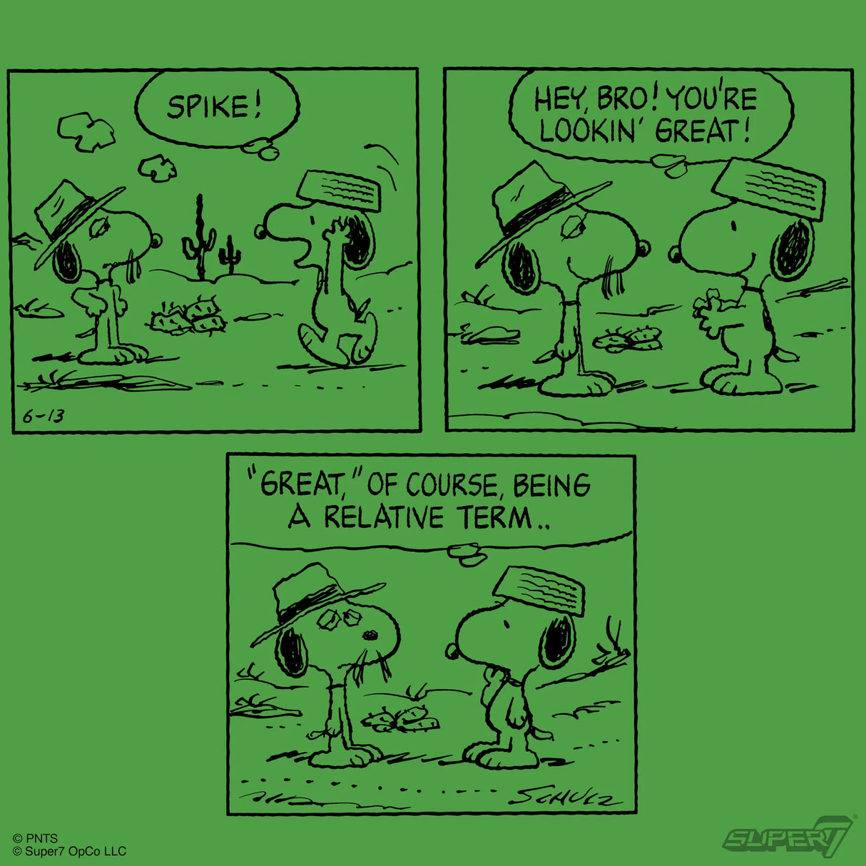 Cartoon comic strip with two dogs in hats on a green background