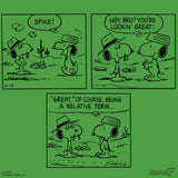 Cartoon comic strip with two dogs in hats on a green background