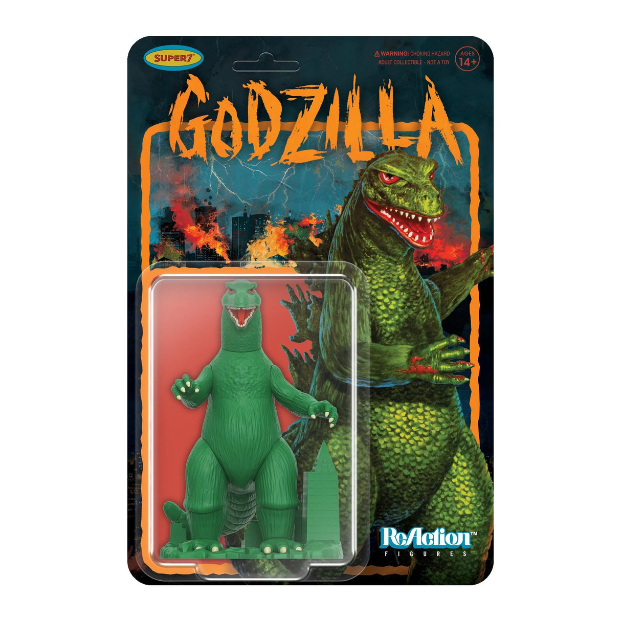 Green Godzilla action figure in packaging with colorful background