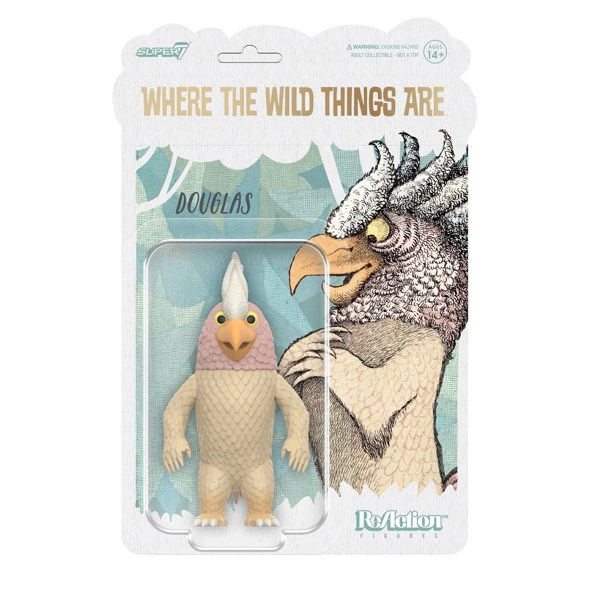 Packaged figurine of Douglas from 'Where the Wild Things Are' with branding and character illustration.