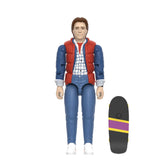 Action figure with a red vest and blue pants next to a skateboard on a white background