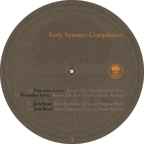 A circular vinyl record cover for 'Early Summer Compilation' by Demarius Lewis and Josh Stone, featuring a textured brown background with orange and white text.