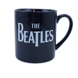 A black mug with 'The Beatles' logo in white text on the side.