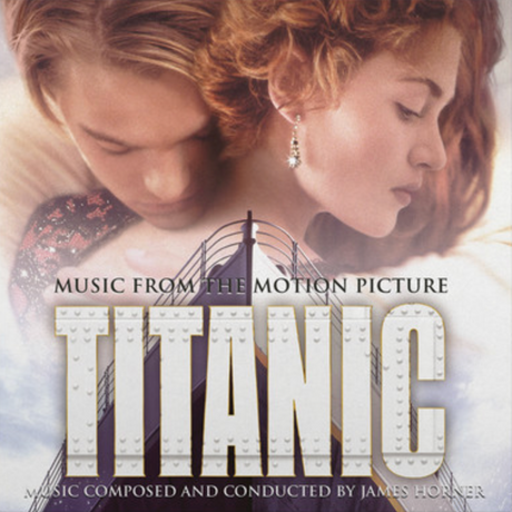 Cover of the Titanic soundtrack album featuring images of the movie with the title 'TITANIC' prominently displayed.