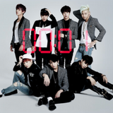 A group photo of BTS members sitting and posing with a vinyl record themed album cover.