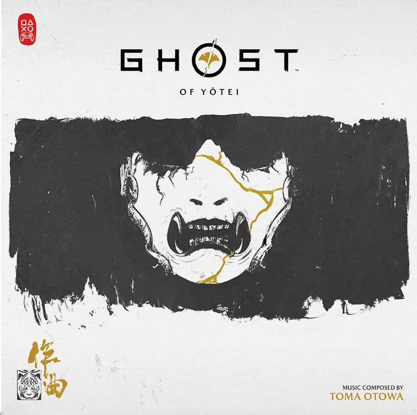 Album cover for 'Ghost of Yotei' with a stylized face and text on a white background