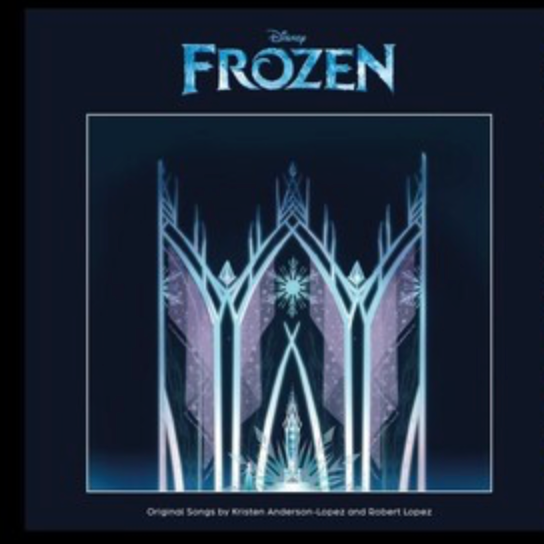 A vinyl record titled 'Frozen' by Walt Disney, featuring an illustration of a dark, icy blue castle with a snowy backdrop.