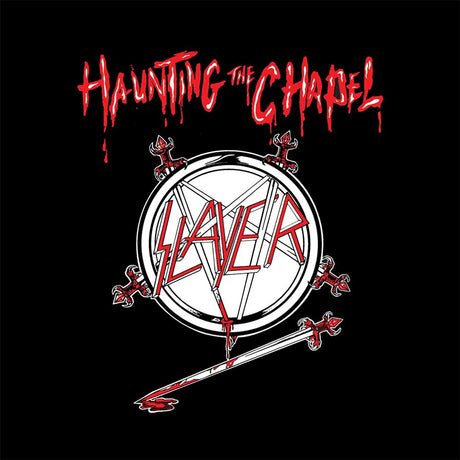 Slayer logo with 'Haunting the Chapel' text on a black background