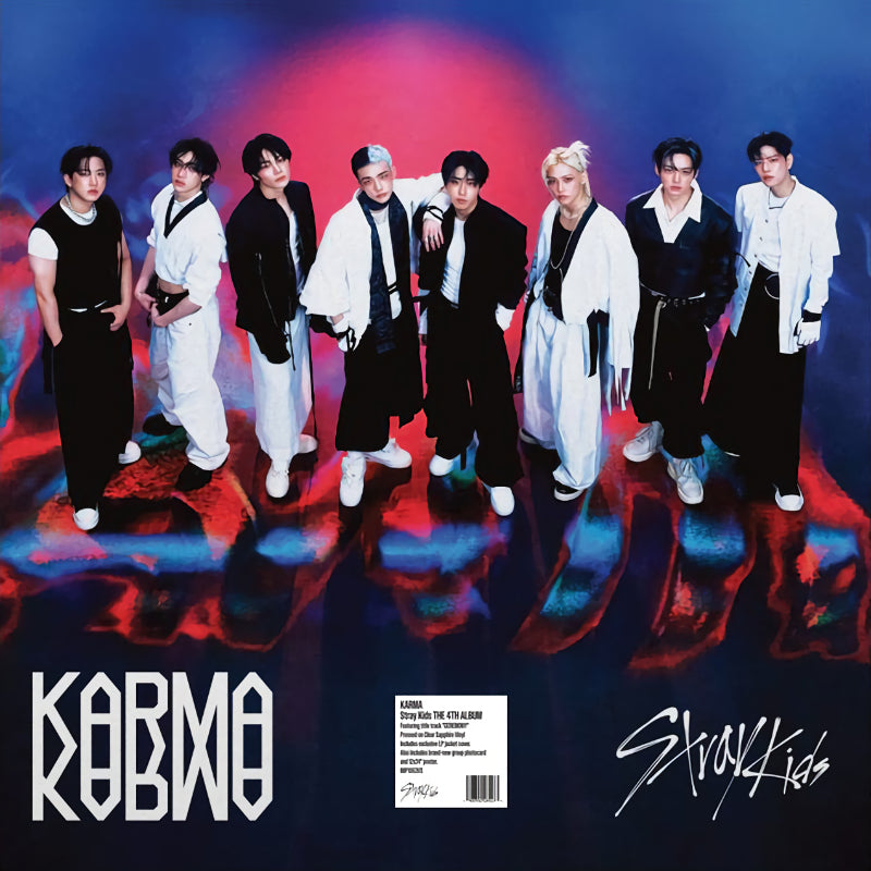 Album cover with a group of people posing against a colorful background, featuring the title 'Karma' and artist name 'Stray Kids'.