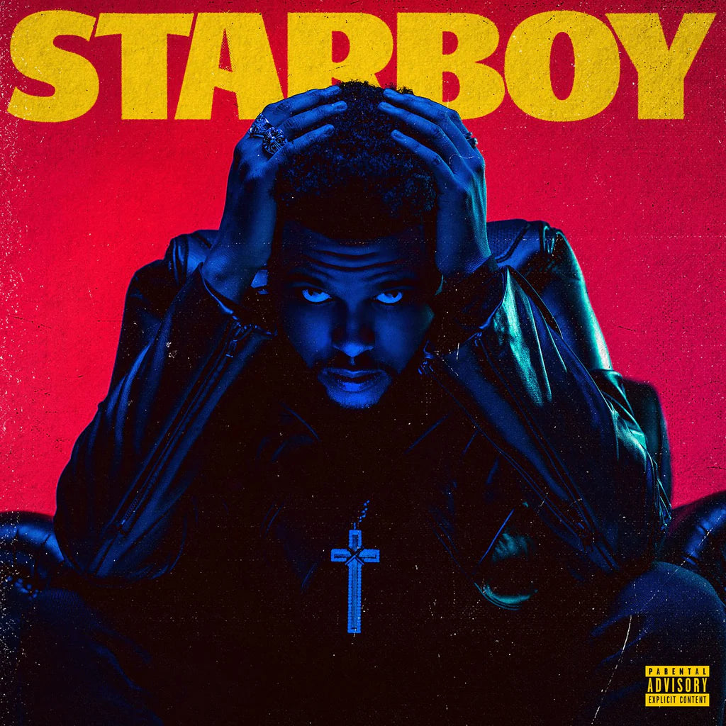 Album cover with a person sitting and hands on head against a red background, featuring the word 'STARBOY'.