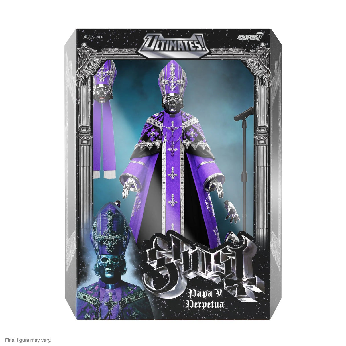 Toy figure in a purple outfit with 'Ultimates' branding on the packaging.