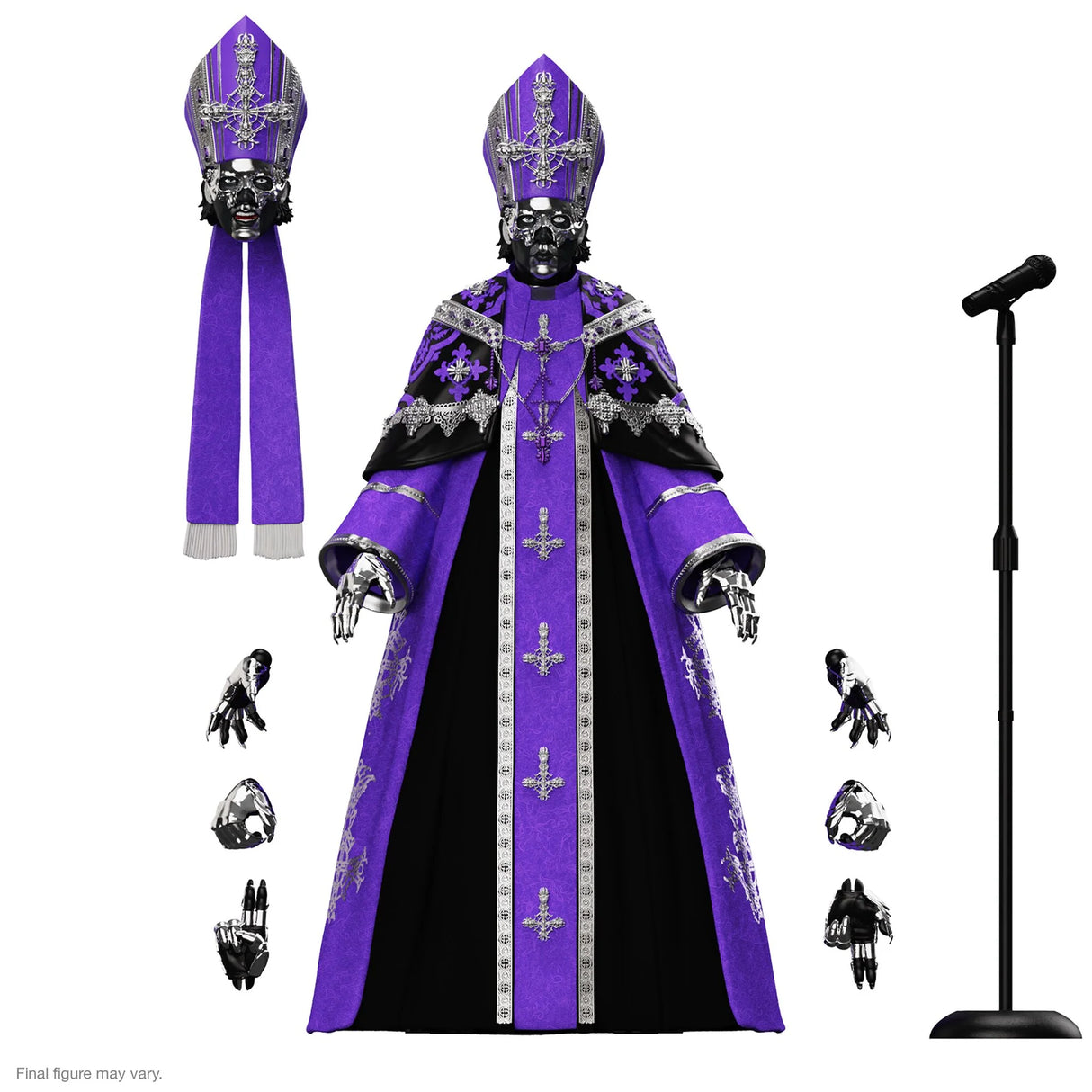 Action figure with purple and black robe and accessories on a white background