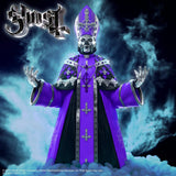 Figure in a purple robe with silver accents against a dark background