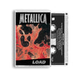 Metallica 'Load' cassette tape in a clear plastic case, showing the front cover artwork with red, black, and white abstract marbling and the band name 'Metallica' at the top, alongside the black cassette tape body with printed track listing text.