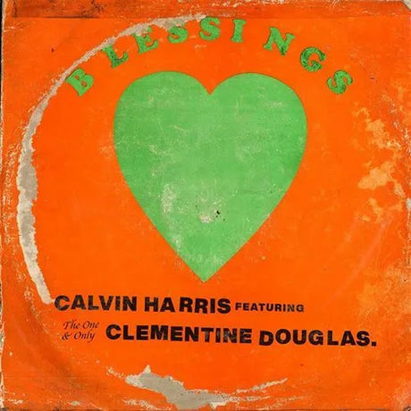 Album cover with a green heart on an orange background, featuring Calvin Harris and Clementine Douglas.