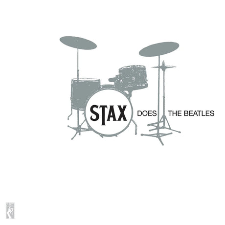 Drum set with 'Stax Does The Beatles' text on a white background