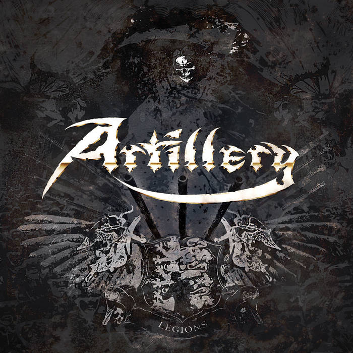 Album cover art for 'Artillery' featuring a dark, gritty background with a skeletal figure, winged skulls, and a central crest, with the band name 'Artillery' in stylized white and gold lettering across the center.