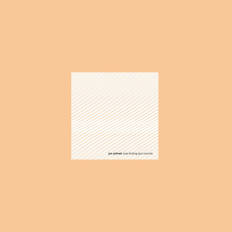 A minimalist square album cover or print centered on a solid peach background. The square has a white center with thin diagonal orange lines radiating inward, and small black text at the bottom reading 'jan petitusk' and 'icon finding jazz records'.