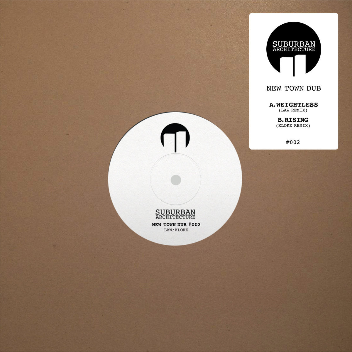 Vinyl record with white label on brown background, featuring Suburban Architectures logo and track information.