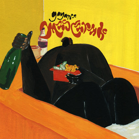 Illustration of a person lounging on a couch with a bottle and food, against a yellow background with text.