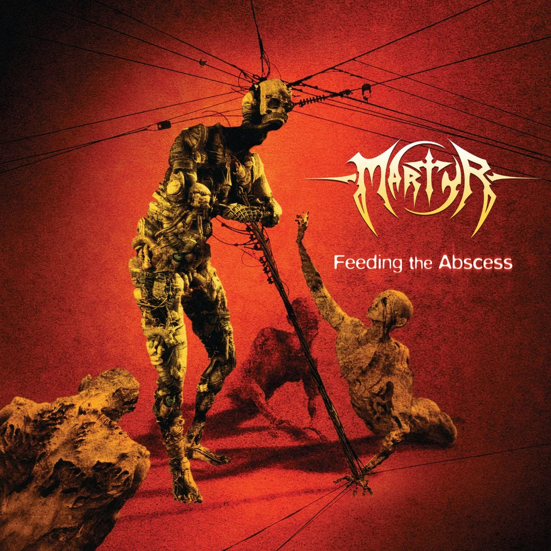 Album cover art for 'Feeding the Abscess' by the band 'Majestic', featuring a surreal, horror-themed scene with a tall, decaying humanoid figure under a tattered tent, a smaller figure reaching up, and rocky foreground elements against a textured red background.