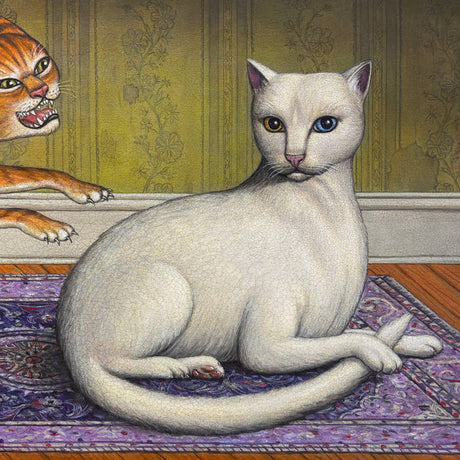 White cat sitting on a rug with an orange tabby cat peeking from behind a door.
