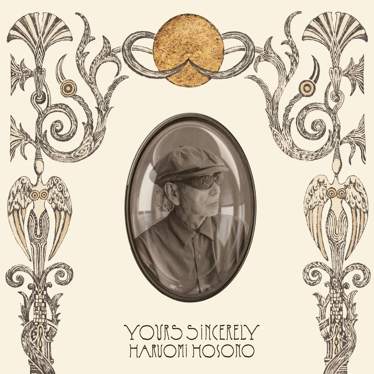 Album cover with ornate frame and portrait of a person, featuring the text 'Yours Sincerely Haruomi Hosono'.