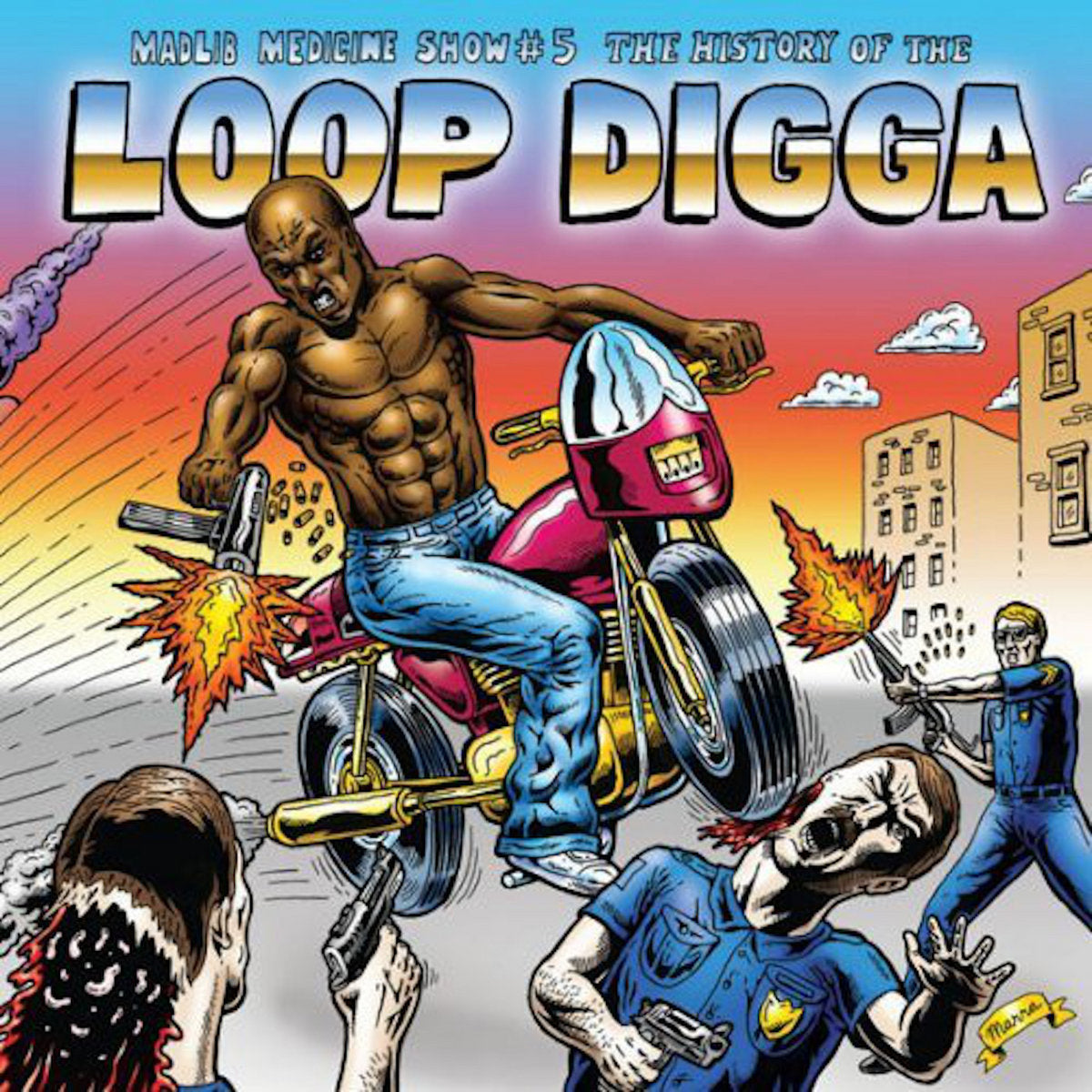 Illustrated album cover with a man on a motorcycle, flames, and text about 'The History of the Loop Digga'.